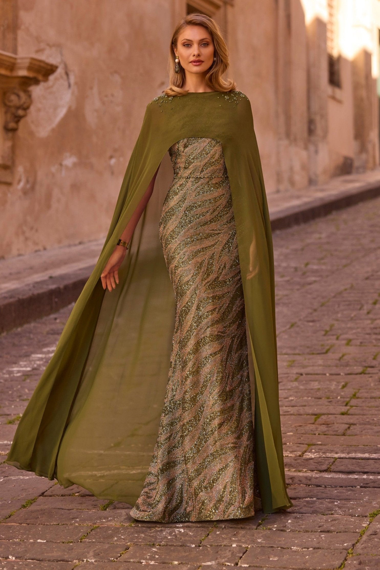 Fully beaded olive and gold formal gown with chiffon cape