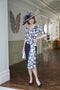 Navy and ivory crepe print mother of the bride dress with asymmetric drape – Condici