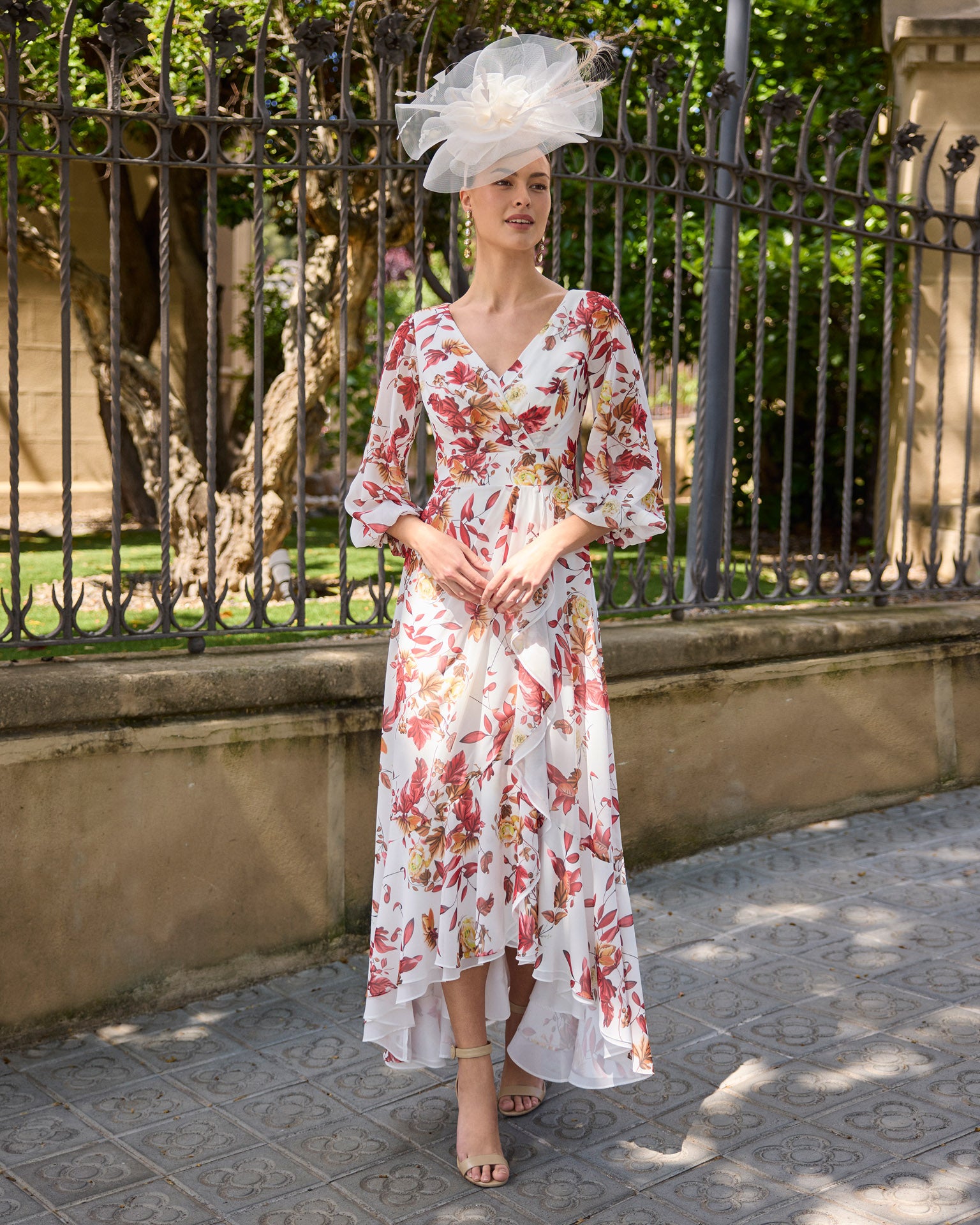Couture club floral chiffon dress with full  3/4 sleeves and V neckline, a great summer wedding option.