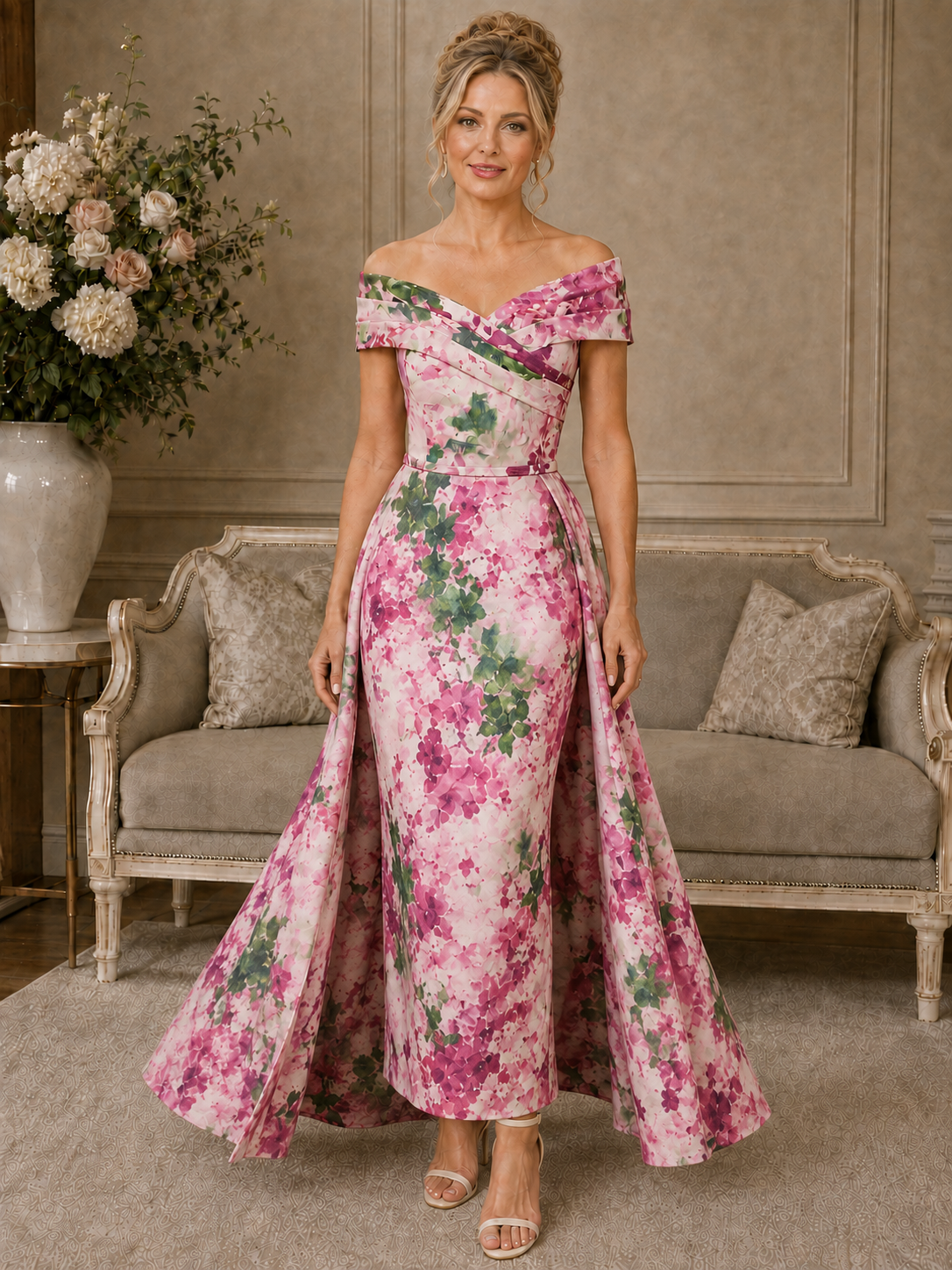 midi mother of the bride dress 992515 from Veni InMother Bardot – Pink Floral launchdate:5/20/2021 mother of the bride Simple Yet Elegant Dark Size:Custom Made(Leave custom measurements in the order inbox)