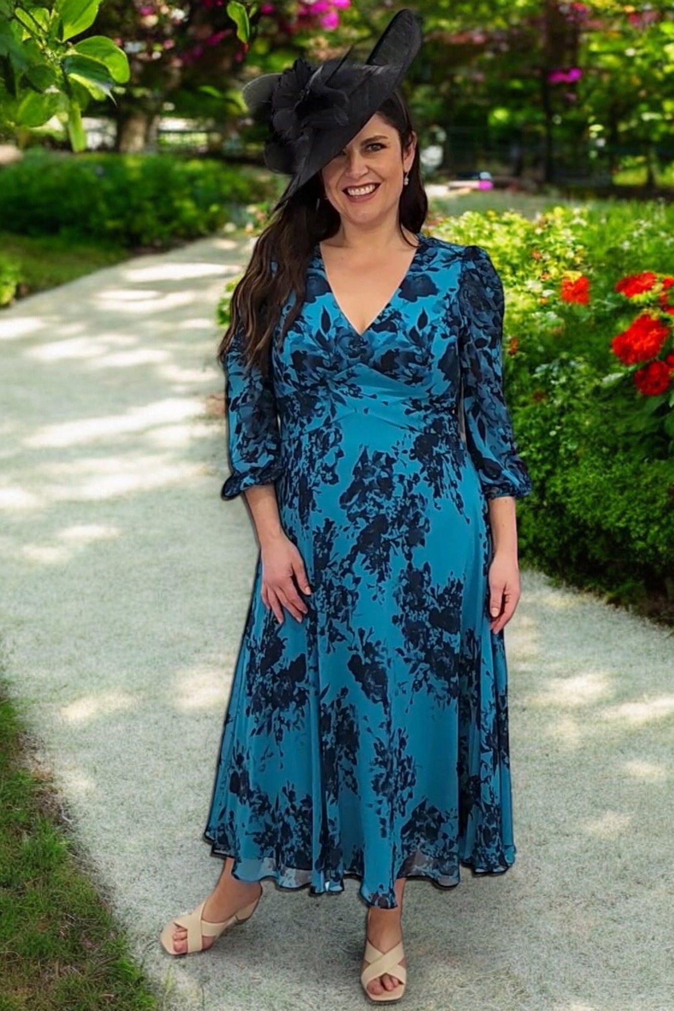 Dressed Up DU593 fit and flare dress in teal and navy print