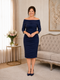 Dark navy off-the-shoulder mother of the bride dress with three-quarter sleeves and layered ruched detailing