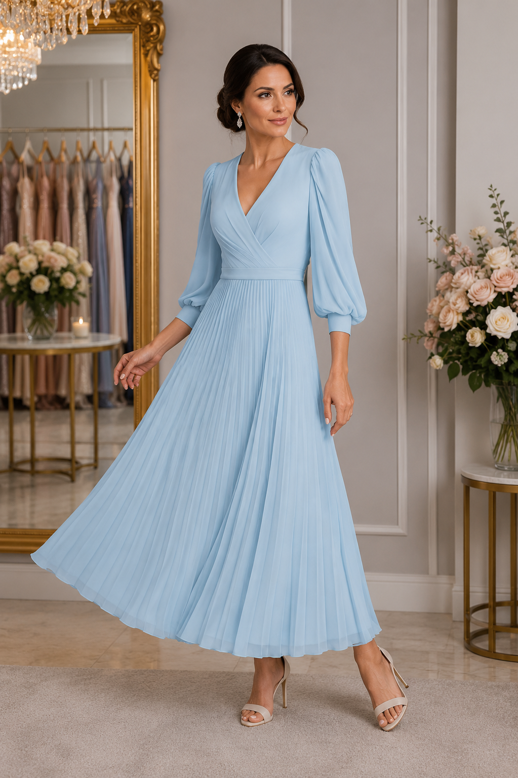 Shop the Timeless soft blue pleated Chiffon Dress with V-Neckline and Sheer Sleeves