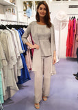 Classic straight-leg crepe trousers and beaded top pantsuit in taupe Classic straight-leg crepe trousers and beaded top pantsuit in taupe