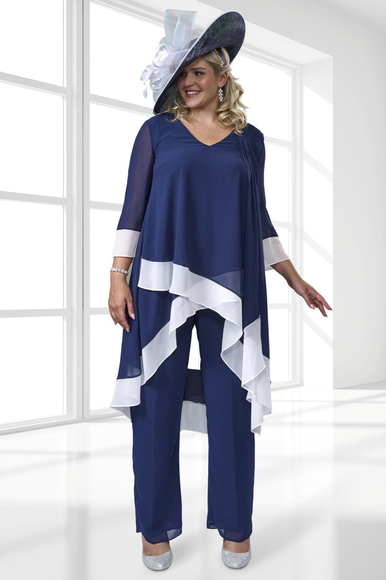 Veromia plus-size navy and ivory chiffon pant suit with drape detail and elastic-waisted pants.