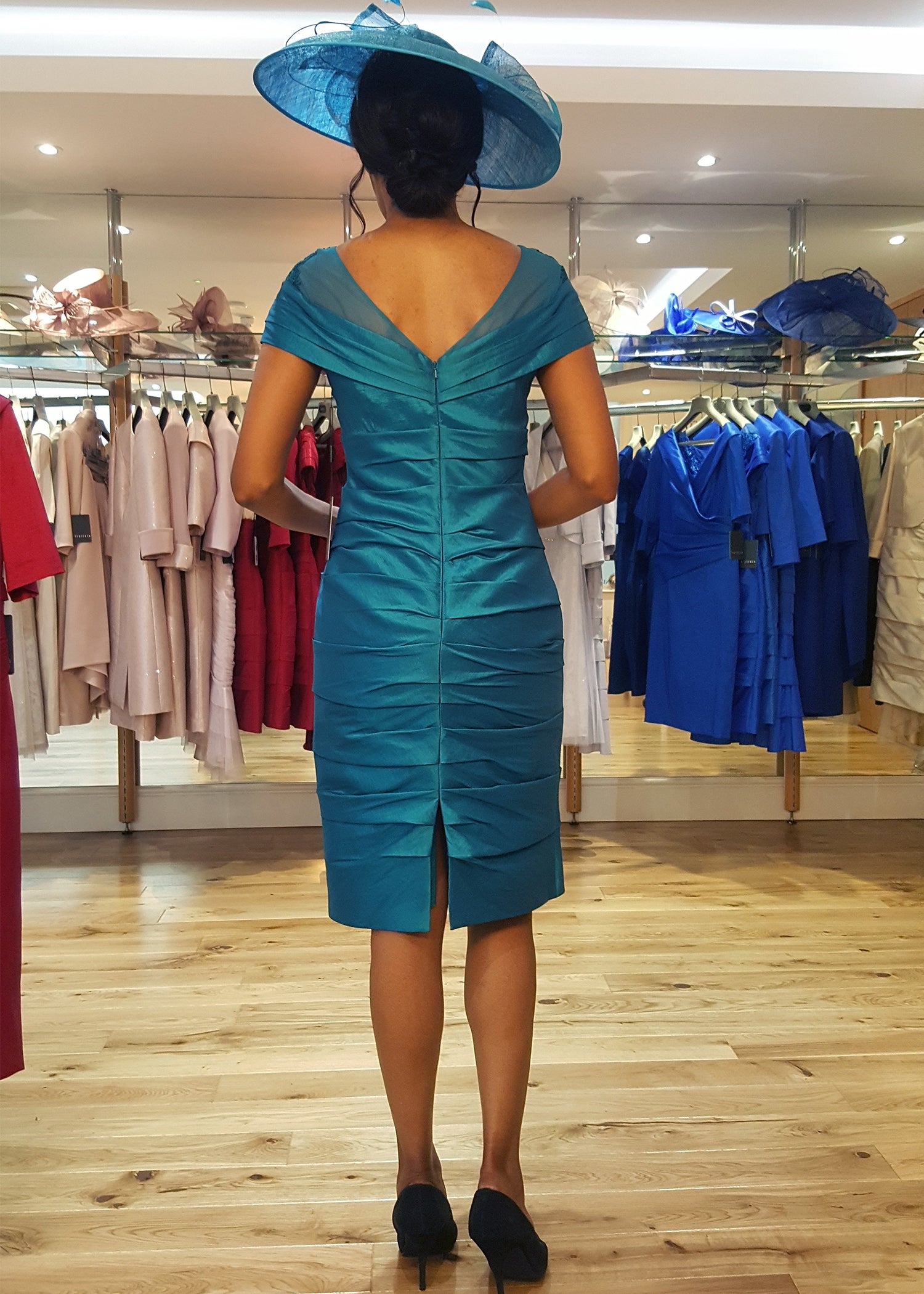 Teal Ruched Dress with Shawl Collar and Open Back from Our Ispirato Designer Range Teal Ruched Dress with Shawl Collar and Open Back from Our Ispirato Designer Range