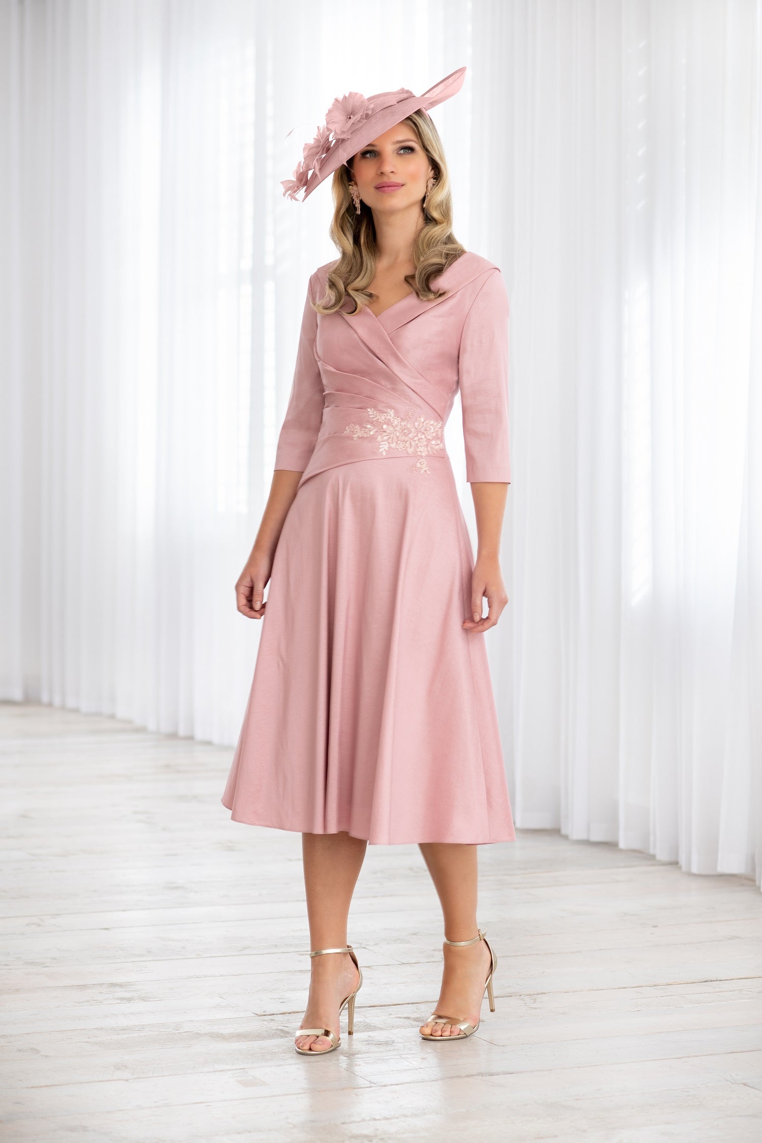 Mother of the bride occasion dress in rose blush with lace embellishment