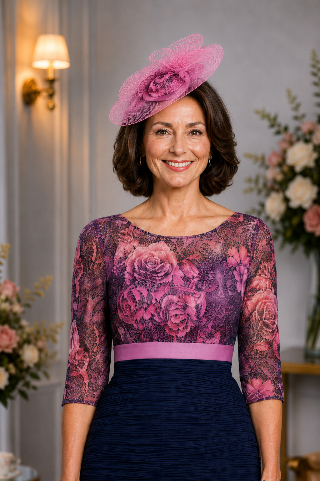 Pink mesh wedding fascinator with sculptural netting and floral centre worn with a matching mother of the bride dress