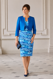 Blue mother of the bride dress with matching cropped jacket, ruched V-neck bodice and elegant blue embellishment