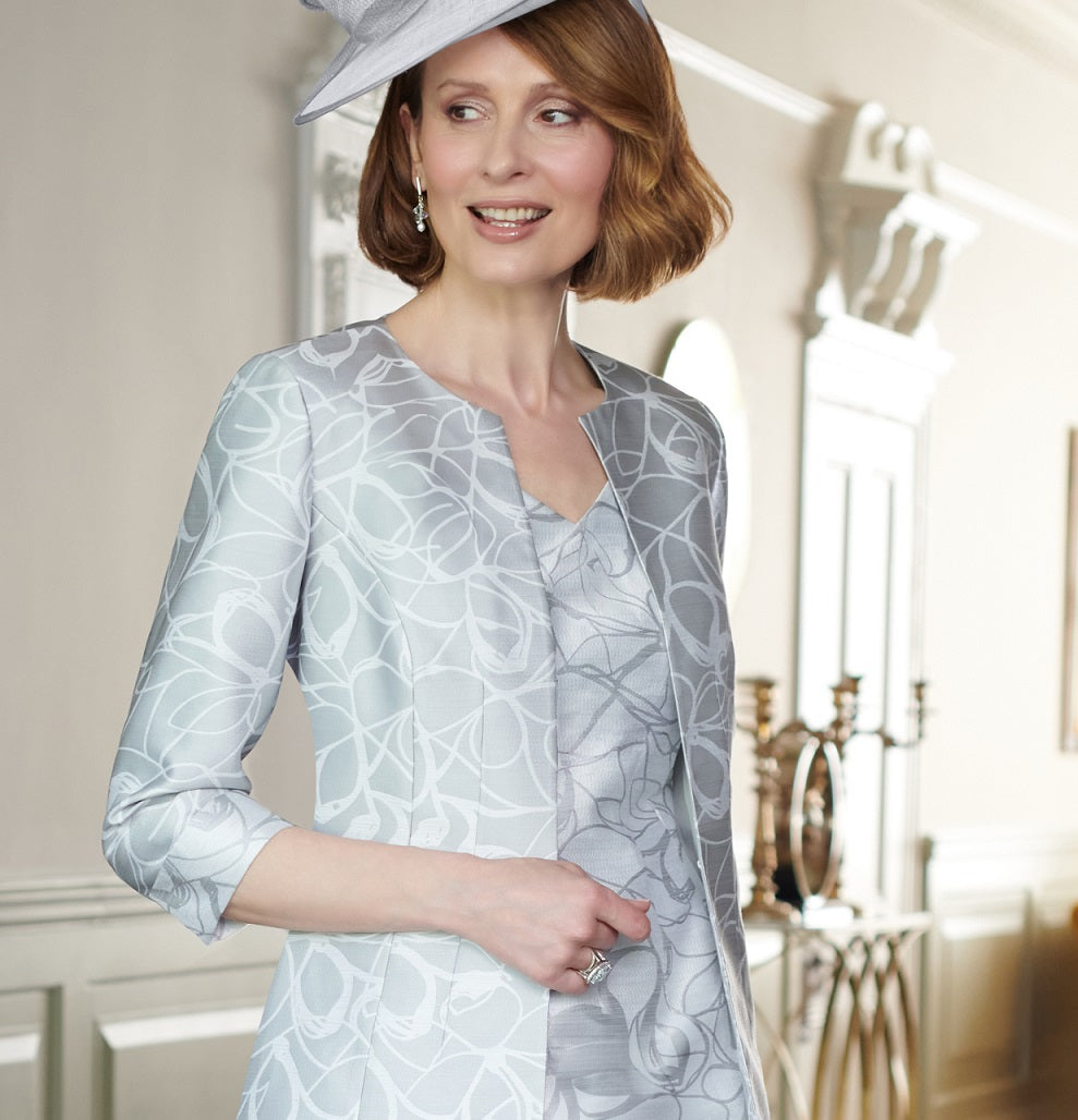 Condici Designer Range: Finely Tailored Silver Brocade Dress and Coat- 11421