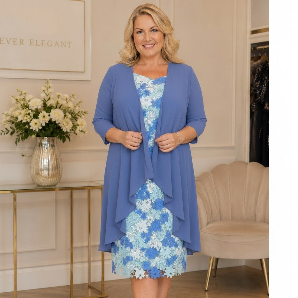 Plus size blue and ivory lace mother of the bride dress with matching chiffon jacket