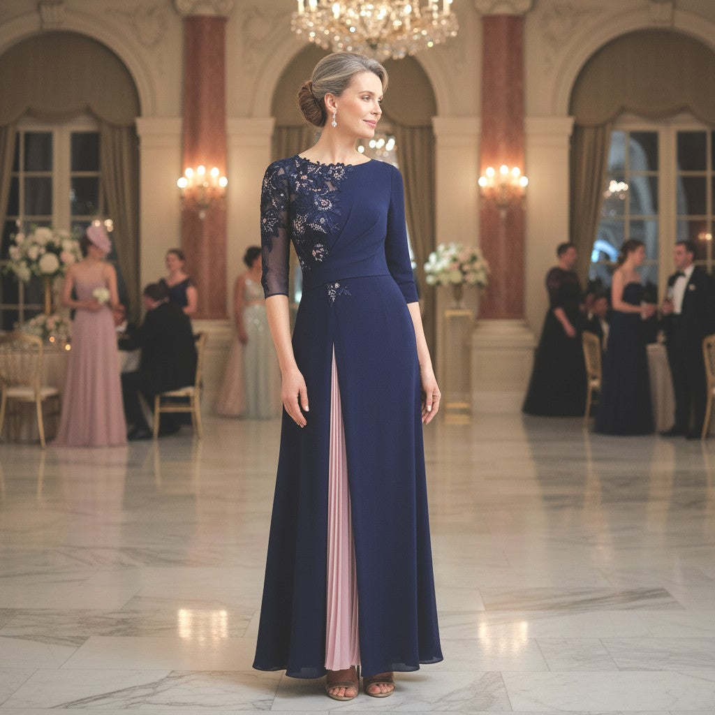 a formal mother of the bride gown in Navy and pink. jersey pleated chiffon and lace.