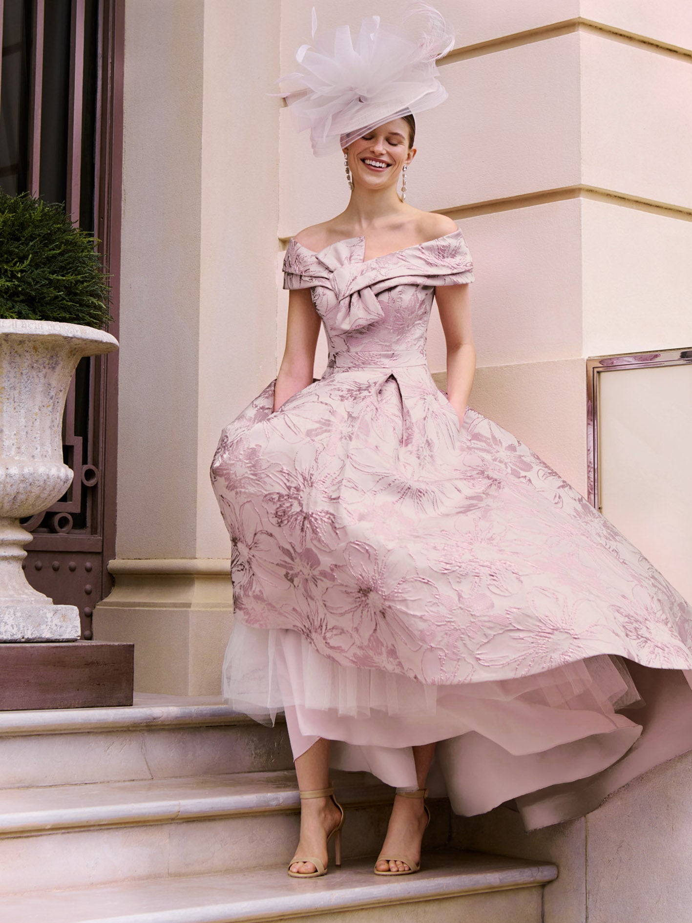 pink floral brocade high low dress by couture club barcelona