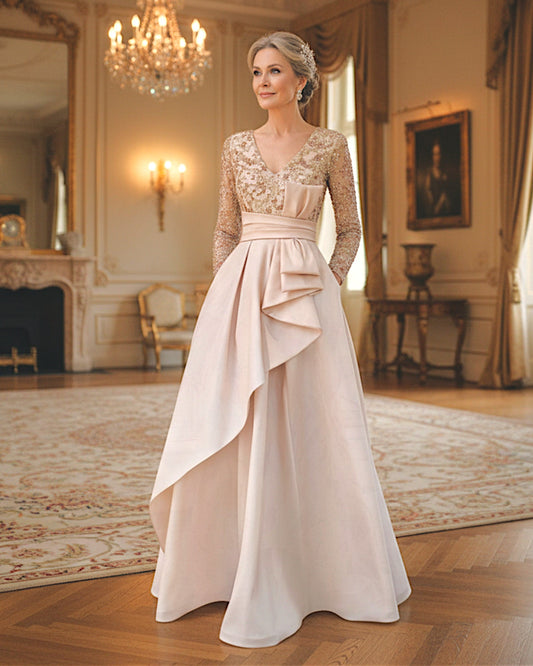 Sand Satin Long Evening Gown with Beaded Bodice – Style 1G1G2 - Ever Elegant