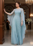 Soft blue beaded mesh gown with a long sheer beaded cape for a formal wedding.