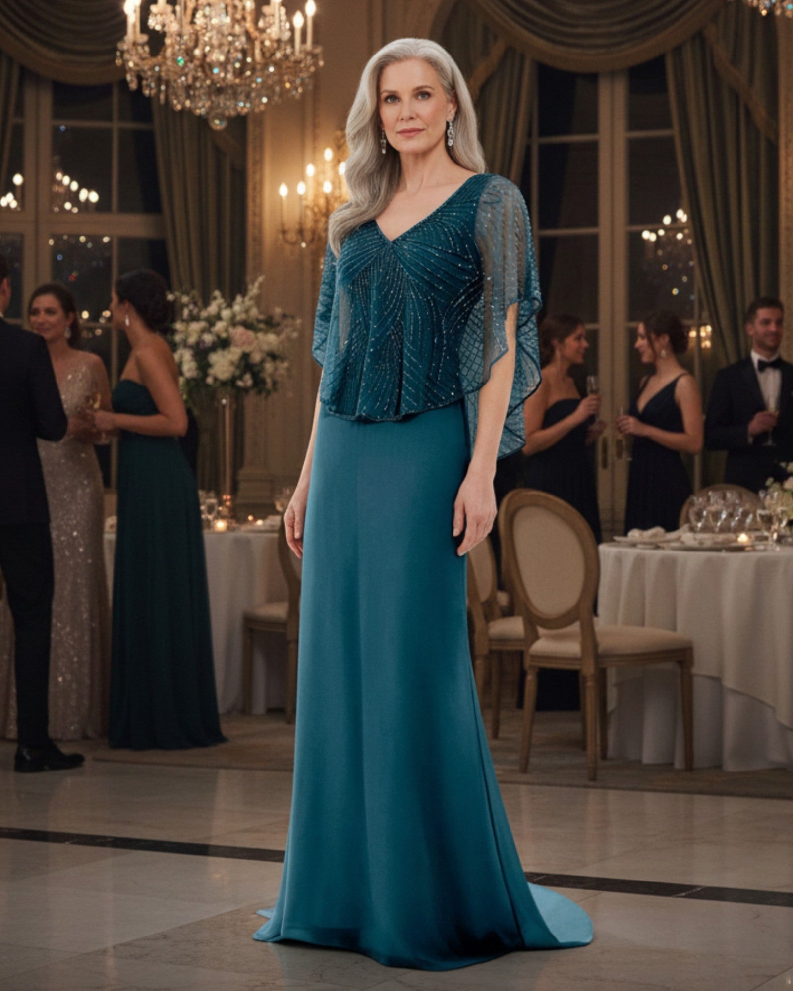 Deep jade evening gown with beaded cape bodice and V-neckline.