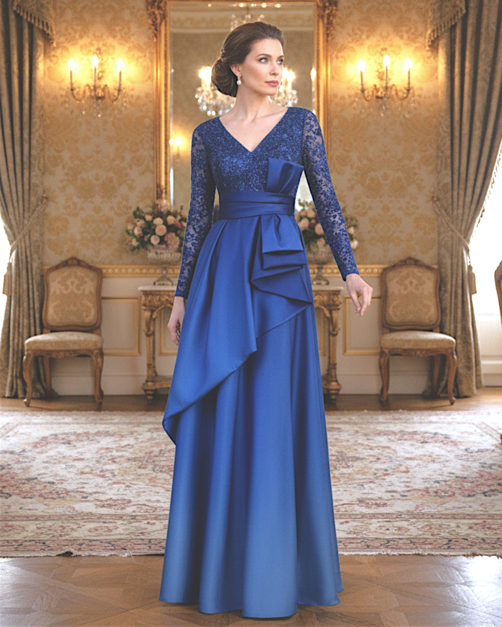 “Navy satin formal gown with ombré skirt for mother of the bride”
