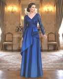 “Navy satin formal gown with ombré skirt for mother of the bride”