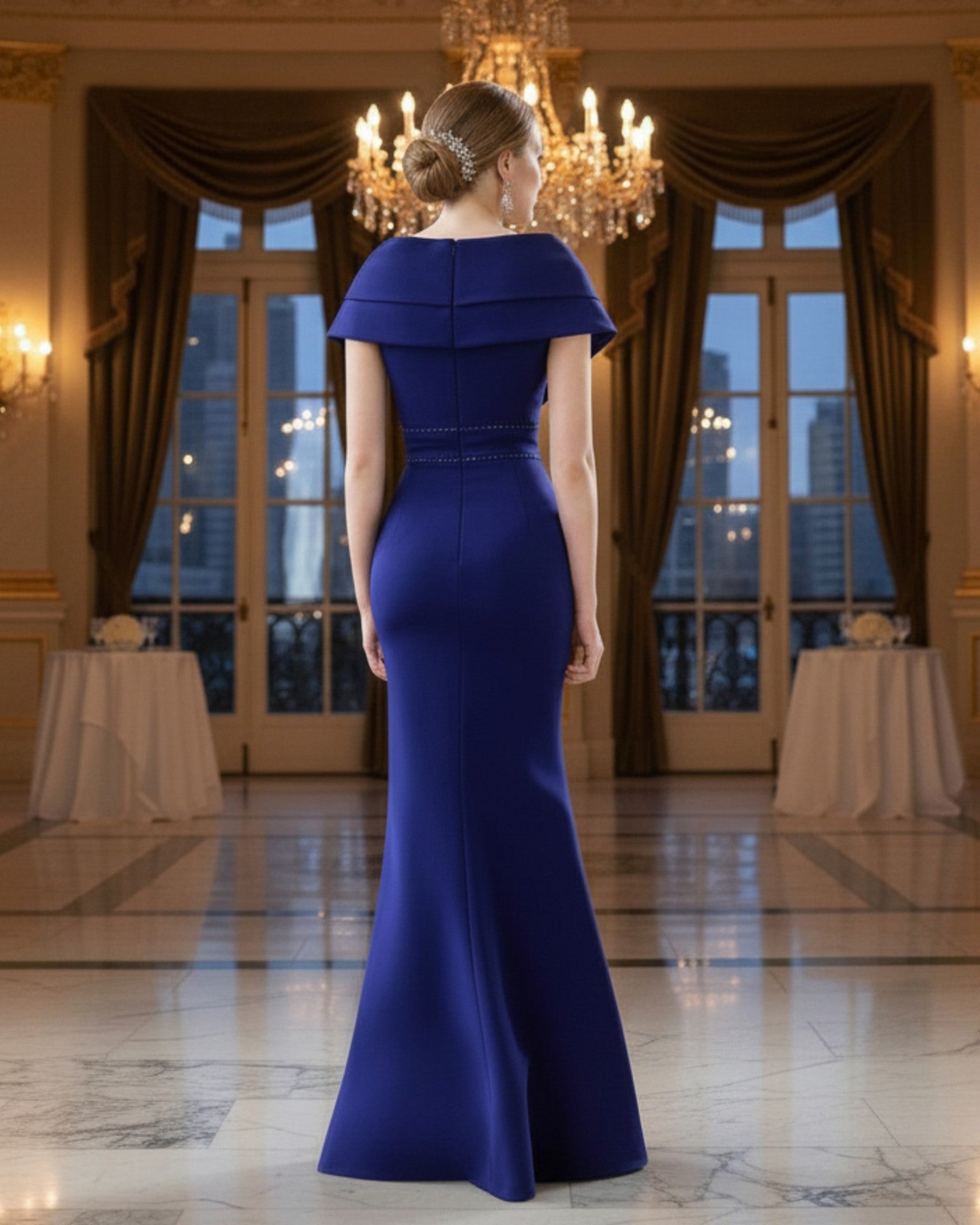 Back view of long cobalt blue gown for formal weddings.