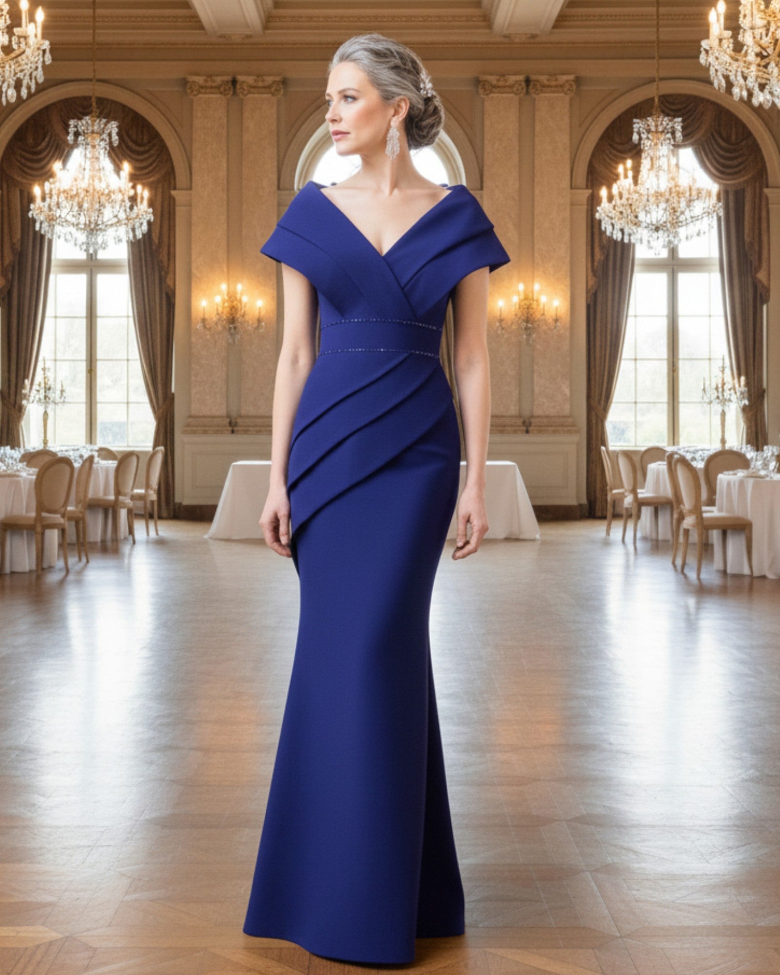 Royal blue long gown with a V neckline for mother of the bride.