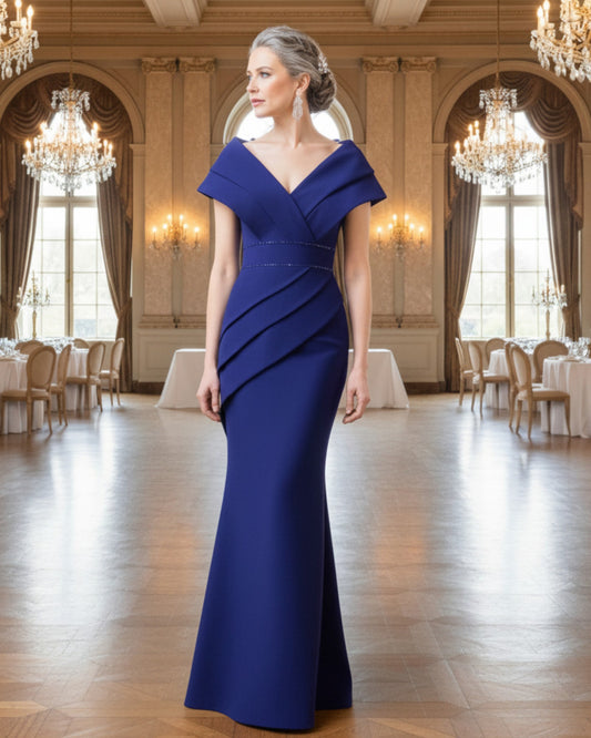 Royal blue long gown with a V neckline for mother of the bride.