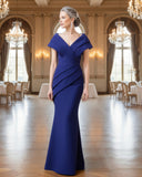 Royal blue long gown with a V neckline for mother of the bride.