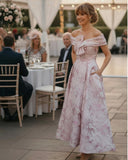 Couture Club 1G243 Pink Brocade Off-Shoulder Dress – Mother of the Bride or Groom - Ever Elegant