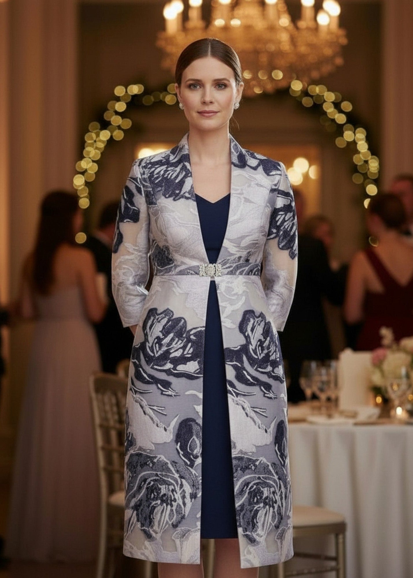 Dress and coat set for Mother of the bride or Groom, in Navy and silver. Available in Melbourne at Ever Elegant.