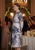  navy and silver organza full length coat over a navy crepe dress with cap sleeves.