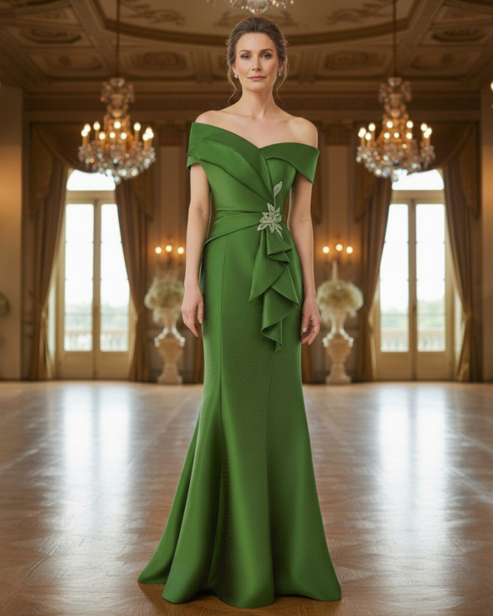 Elegant green gown with Bardot neckline and beaded waist detail for a formal wedding.
