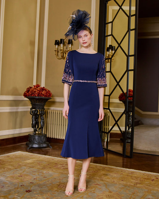 Couture Club embellished satin crepe midi dress with crystal detailing for mother of the bride or groom.
