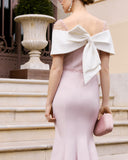 Pale Rose & Ivory Mother of the Bride & Groom Midi Dress with Bow Back | 1G294 - Ever Elegant