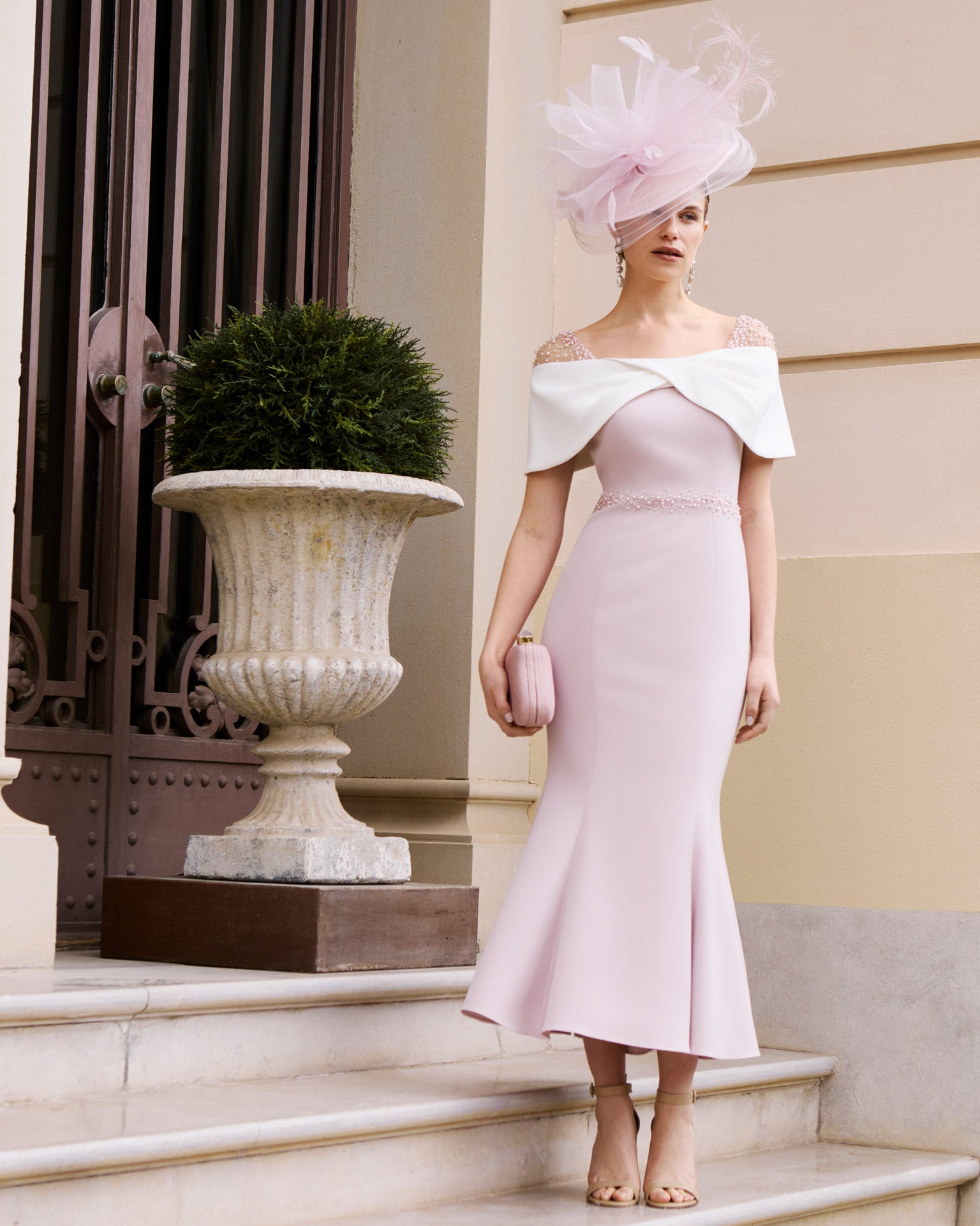 Pale Rose & Ivory Mother of the Bride & Groom Midi Dress with Bow Back | 1G294 - Ever Elegant