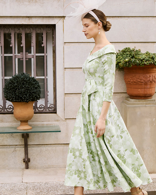 Couture Club apple green floral Mikado tea-length dress mother of the bride outfits available in Melbourne.