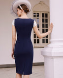 Back view of navy fitted crepe dress – mother of the groom dress