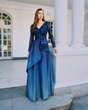 “Navy ombre long evening gown with beaded bodice – front view”