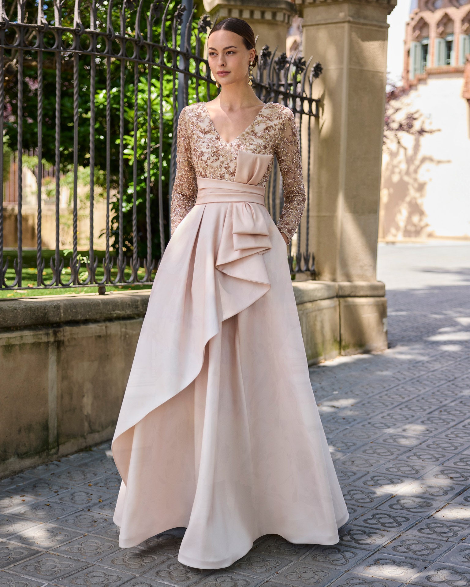 Sand Satin Long Evening Gown with Beaded Bodice – Style 1G1G2 - Ever Elegant