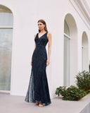 “Designer navy beaded gown for mother of the groom”