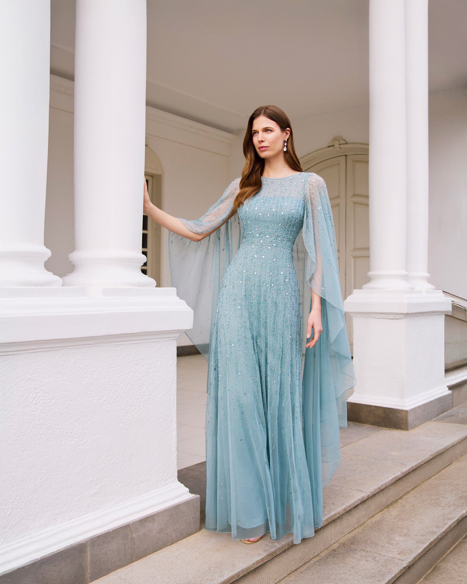 Couture Club 1G1G8 Dusty Blue Beaded Cape Gown – Mother of the Bride or Groom -1G1G8 - Ever Elegant
