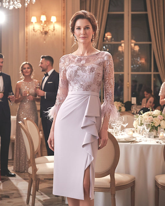 Dusty mauve crepe dress with a beaded lace bodice and 3/4 sleeves for a mother of the bride.
