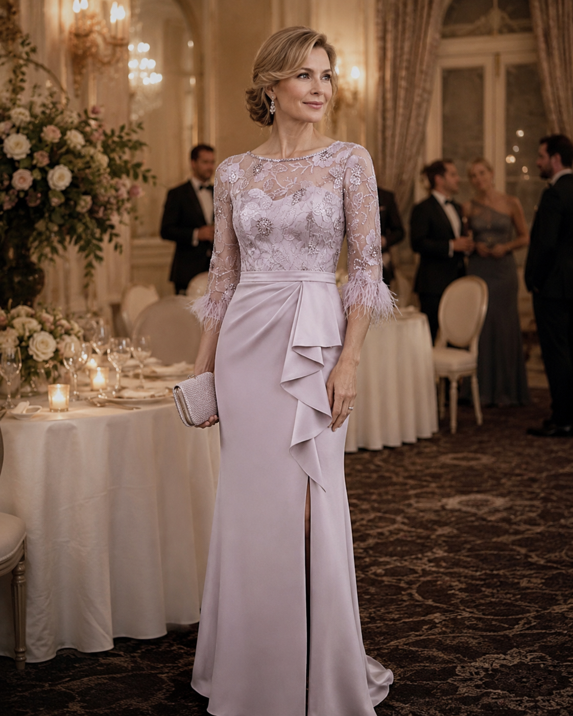 couture club mother of the bride gown in dusty lilac for a formal wedding.
