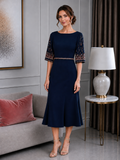 Navy midi mother of the bride dress with embellished three-quarter sleeves and beaded waist detail, elegant wedding outfit Australia