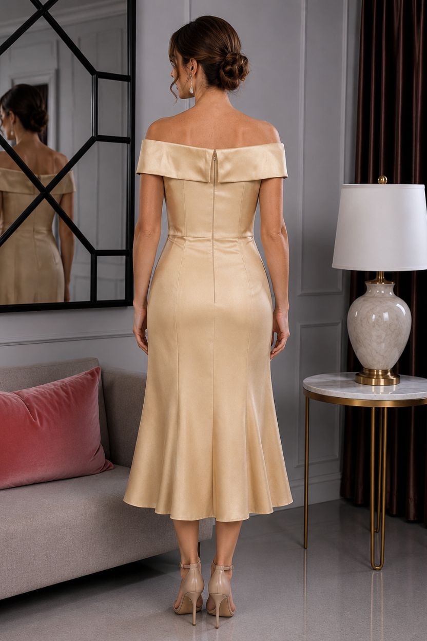 Cream gold off-the-shoulder satin occasion dress with fitted back, folded neckline and fluted hem, modelled by a brunette size 12/14 woman in a sophisticated indoor showroom.