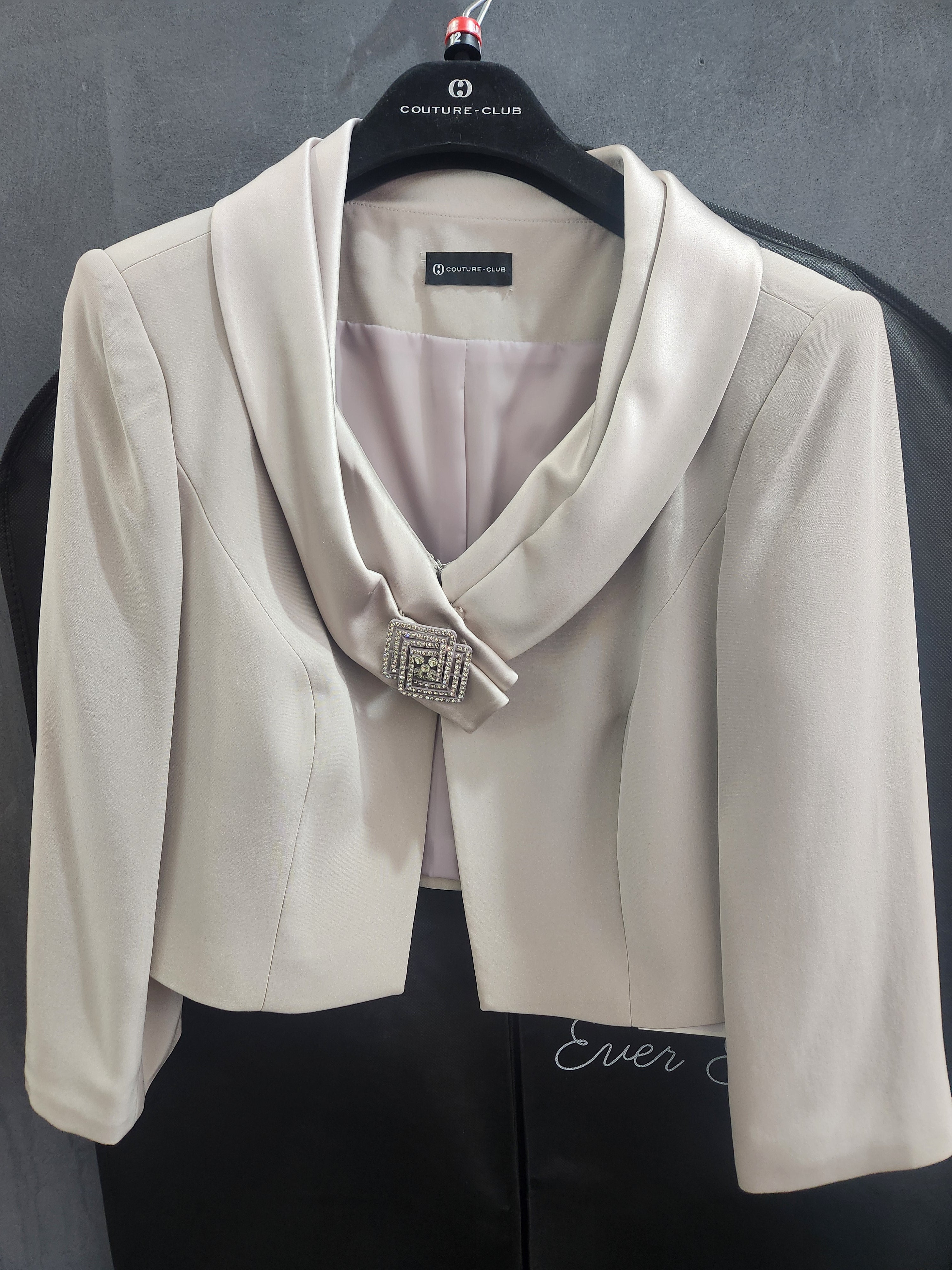 Taupe Cropped Occasion Jacket with Satin Collar and Diamanté Clasp - 3G290