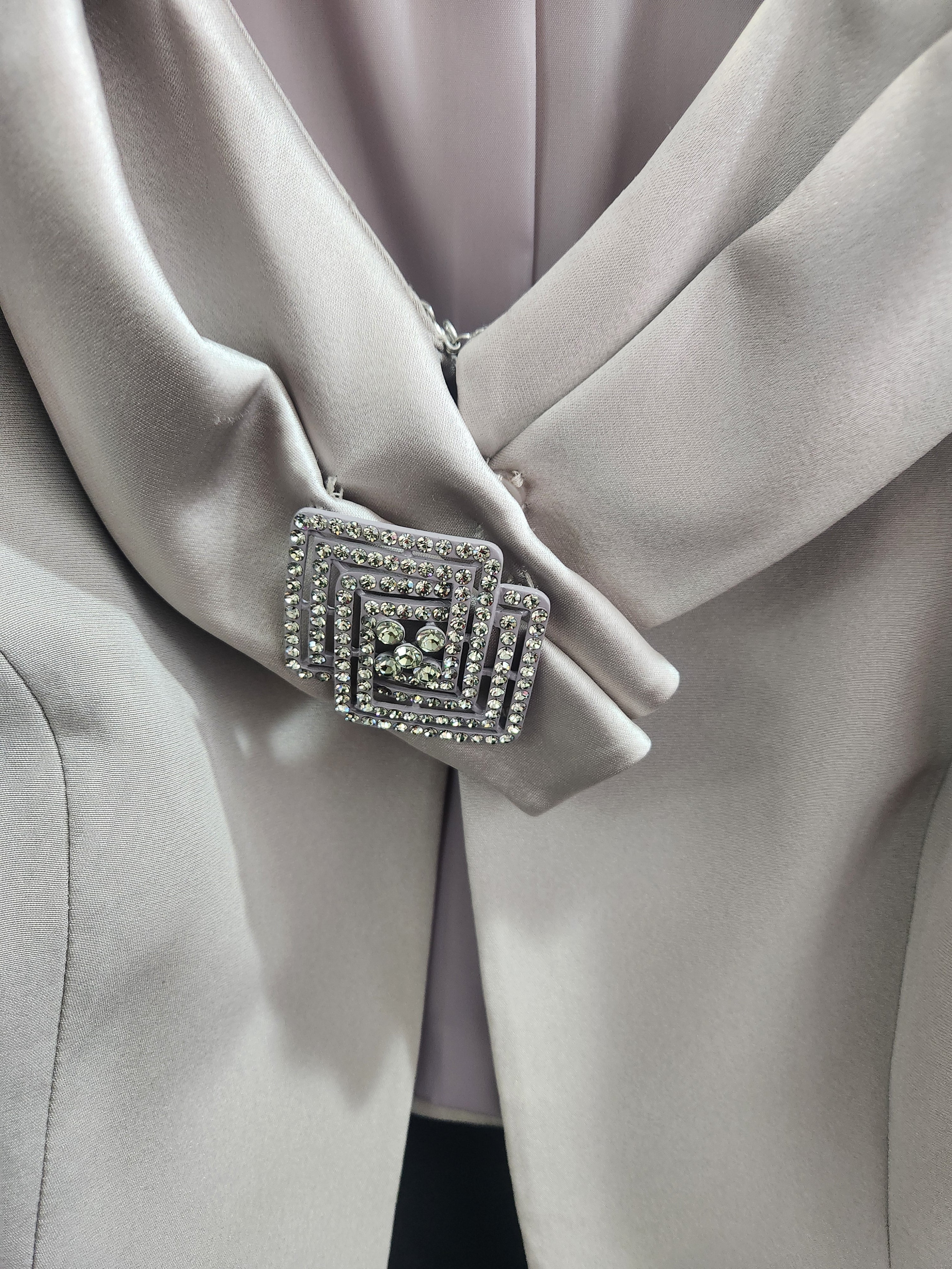 Taupe Cropped Occasion Jacket with Satin Collar and Diamanté Clasp - 3G290