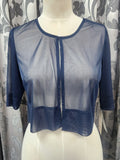 Navy sheer jersey cropped jacket with elbow-length sleeves in size 10