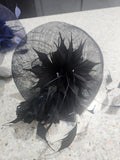 Very dark navy fascinator with feather flowers and pearl accents