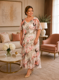 Plus size mother of the bride silk handpainted dress n Pink and taupe