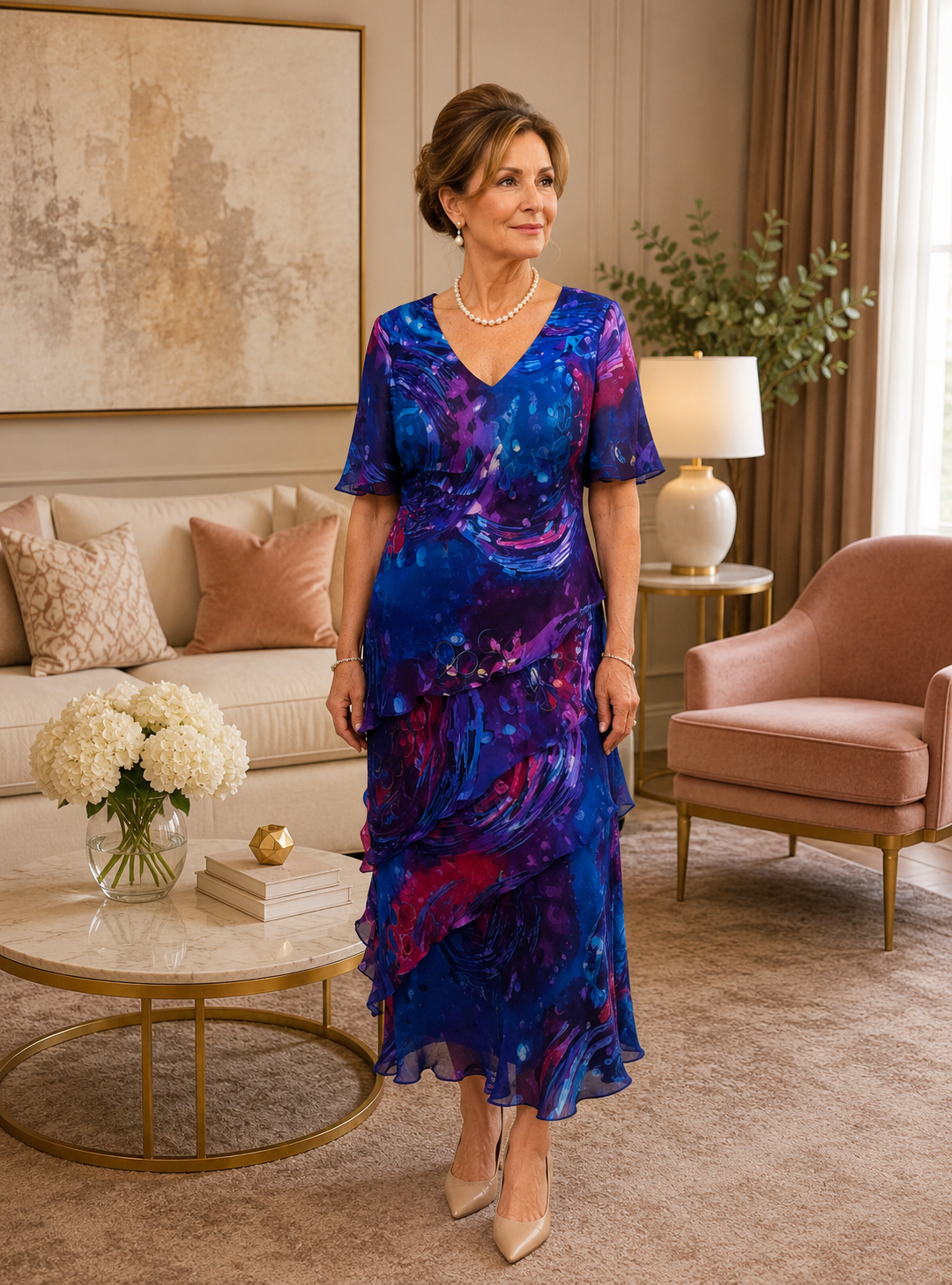 Elegant royal blue and fuchsia silk wedding guest dress with flowing layers, perfect for mother of the bride or groom outfits Australia