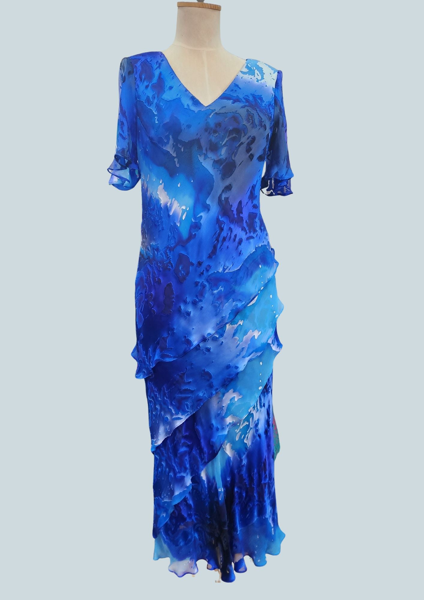 Hand‑painted silk mother of the bride dress with flutter sleeves